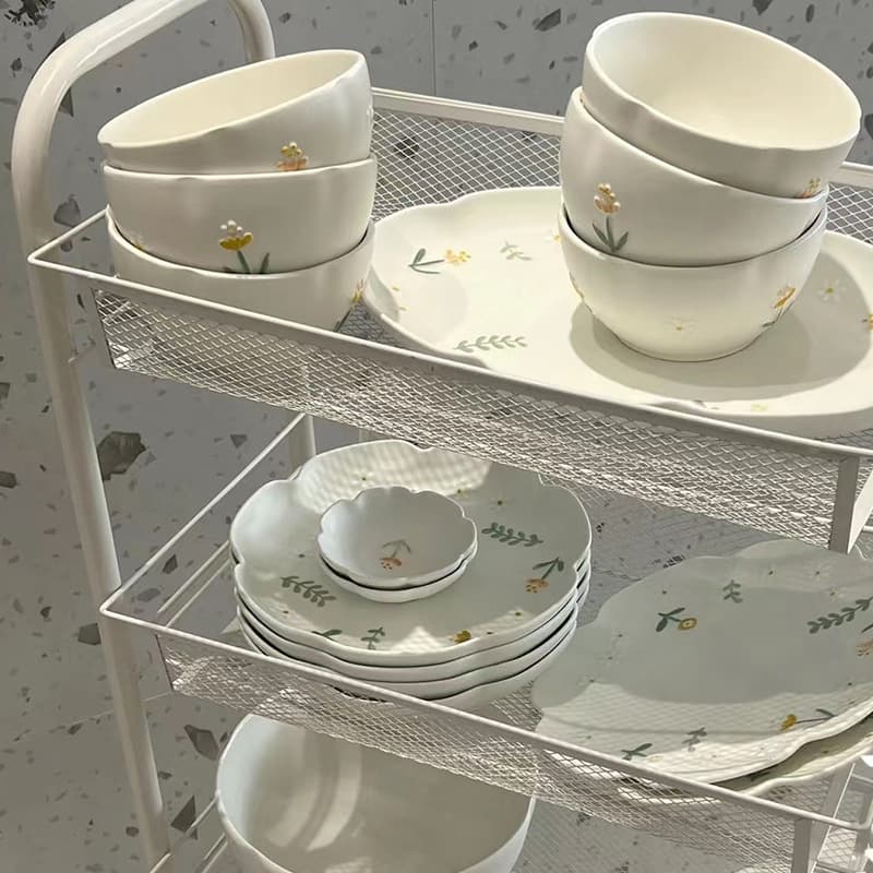 Fresh Daisy Tableware Set Home Use Rice Bowl Soup Bowl Vegetable Plate Fish Plate Ceramic Combination Relief Dining