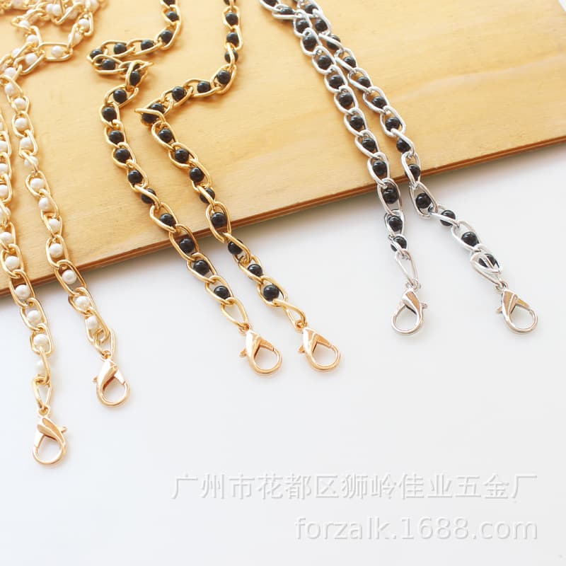8mm wide pearl chain for women's handbags, silver and light gold aluminum chain clips, black and white beads, clasp, cross-border e-commerce.