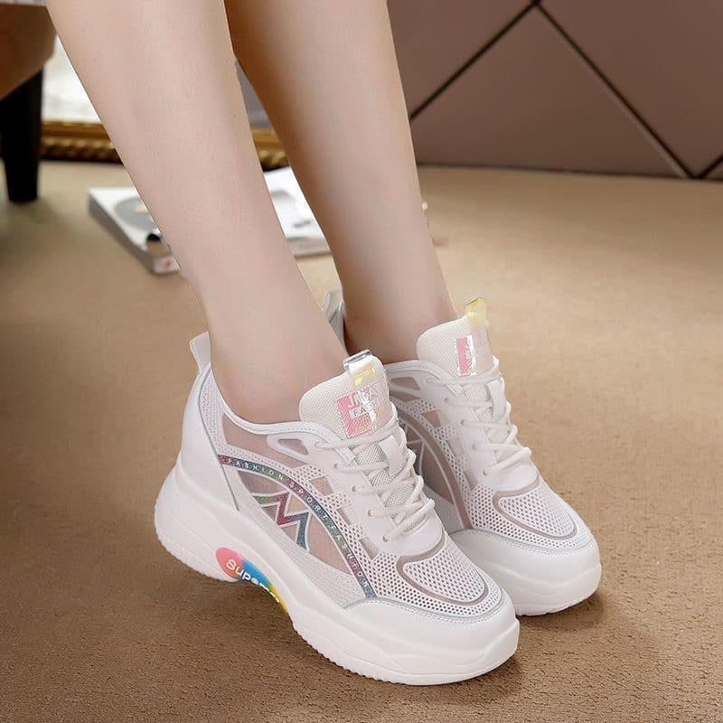 Soft Leather Height-Increasing Women's Shoes 2026 Summer Thin Breathable White Sneakers Mesh Casual Sports Travel