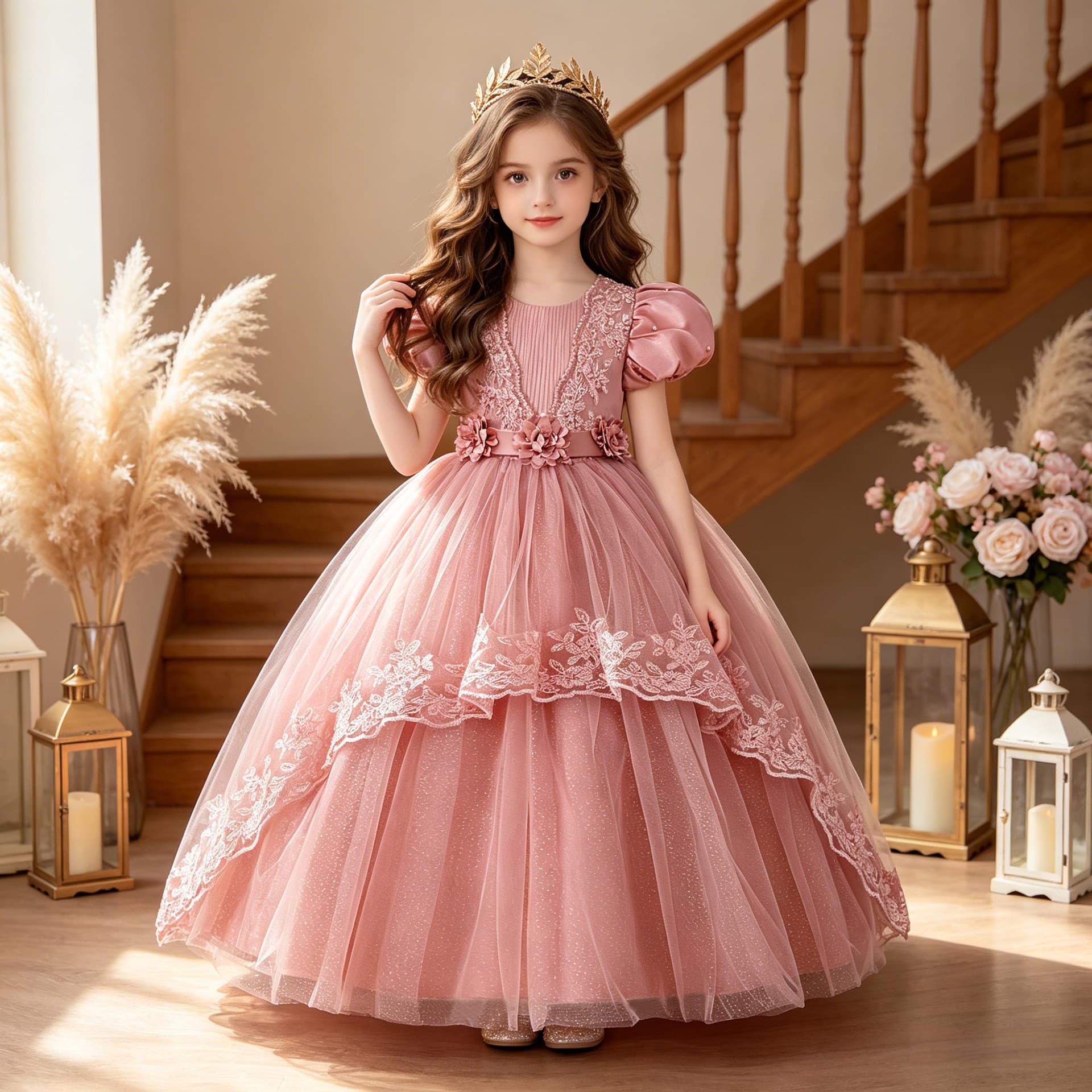 Cross-border Children's Gown Beaded Puff Sleeve Princess Dress Flower Girl Birthday Performance Runway Dress