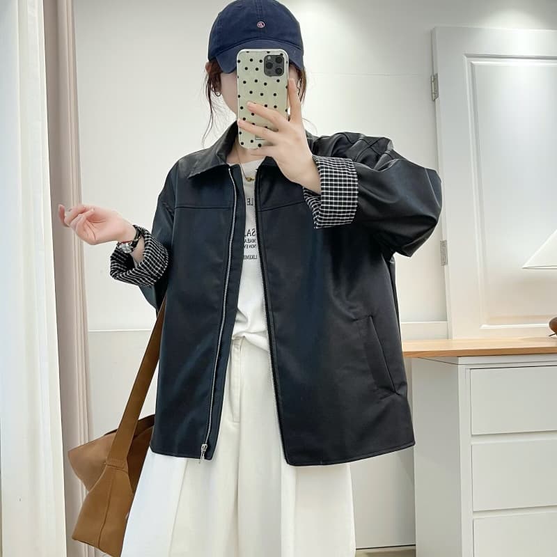 Plus Size Women's Autumn New Retro PU Leather Trench Coat Jacket, Loose Fit, Slimming, Stylish Jacket Top 482532
