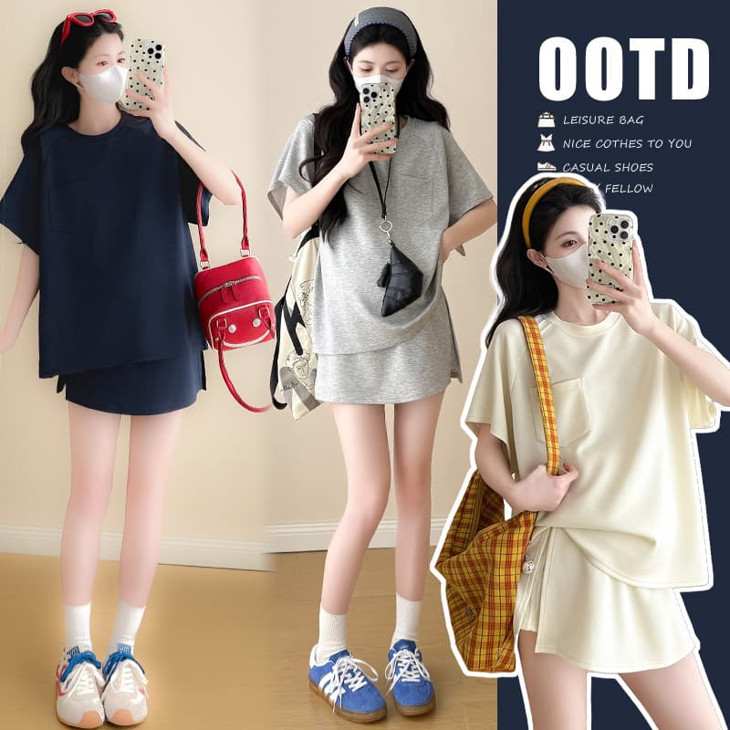 Maternity Summer Korean Sporty Two-Piece Set Simple Short Sleeve Top Summer Maternity Skirt Trendy Mom
