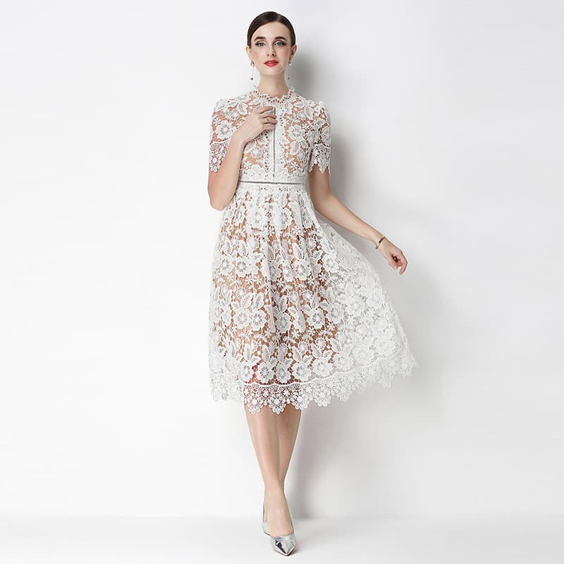 705 Real Shot Short Sleeve Slimming Hollow Out Water-Soluble Lace Positioned Mid-Length Dress