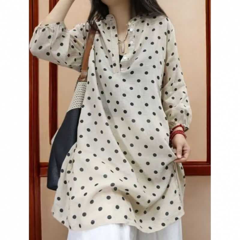 Vintage Polka Dot Dress for Women New Summer Cotton Linen Shirt Dress Mid-Length Travel Dress