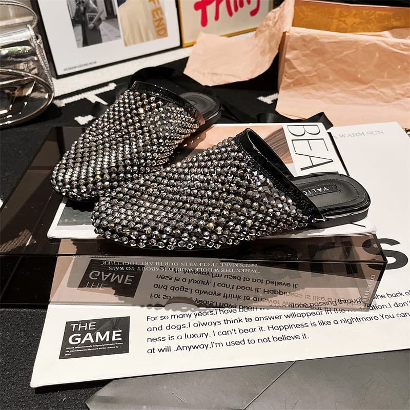 Summer Women's Shoes 2025 Rhinestone Full Diamond Breathable Fishnet Cut Out Outer Wear Baotou Half Slippers Sandals Flats Shoes for Women