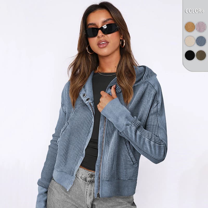 Amazon Jacket Panel Hoodie Women's Casual Zip-Up Hooded Sweater Short Knit Top