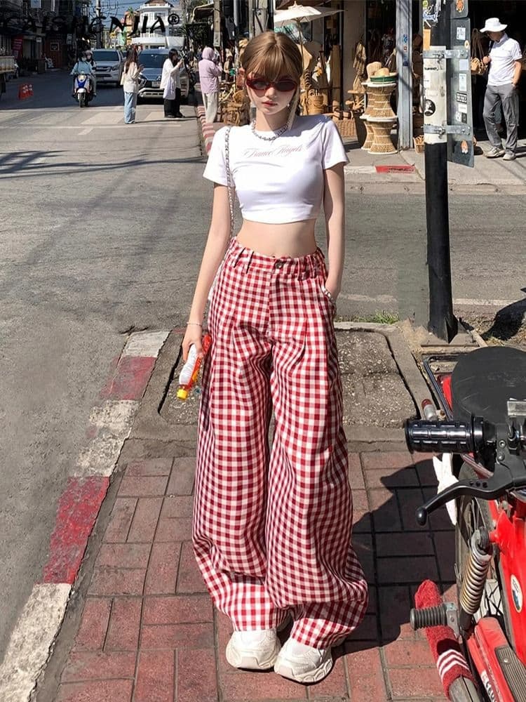 Color-block Plaid Pants for Women, Summer Korean Style Straight-leg Pants, High-waist Slimming Floor-length Pants, Petite Casual Wide-leg Pants