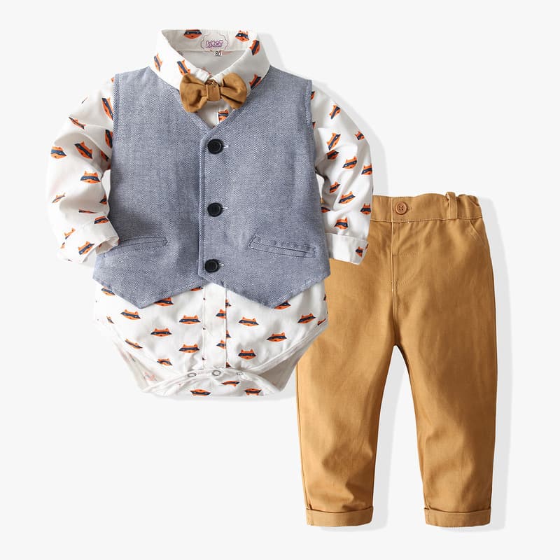 Amazon Cross-border EU/US Children's Clothing 2021 Boys' Suit Gentleman Vest Shirt Woven Long Pants Baby Three-Piece Set