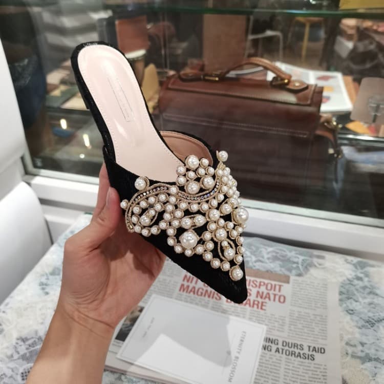 Flat Slide Sandals with Pearl Lace Pointed Toe Closed Toe Half Slippers Flat Summer Sandals for Women Handmade Rhinestone Beaded Large Size