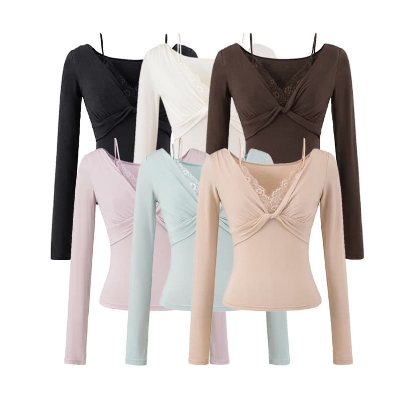2025 Fall Hot Girl Two-Piece Lace Trim Camisole Top Women's Slim V-Neck Twist Base Layer Long Sleeve T-Shirt