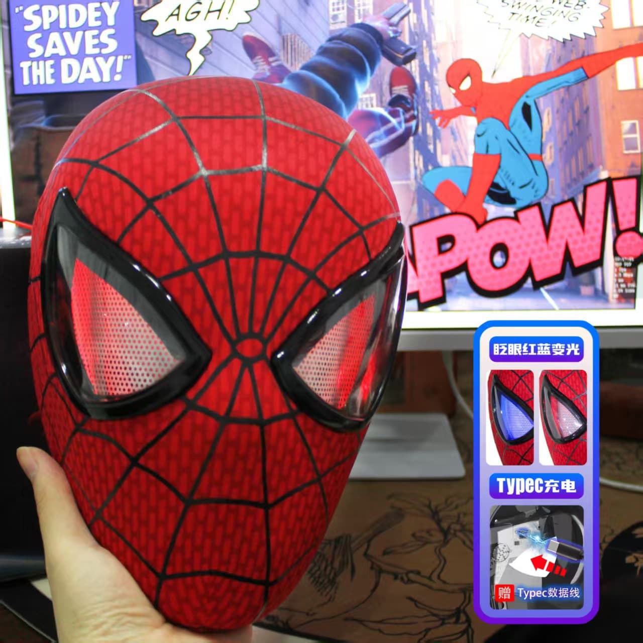 Cross-border Amazing Spider-Man Head Mask with Blinking Eyes and Glow, Premium Texture Cosplay Mask, New Year Toy