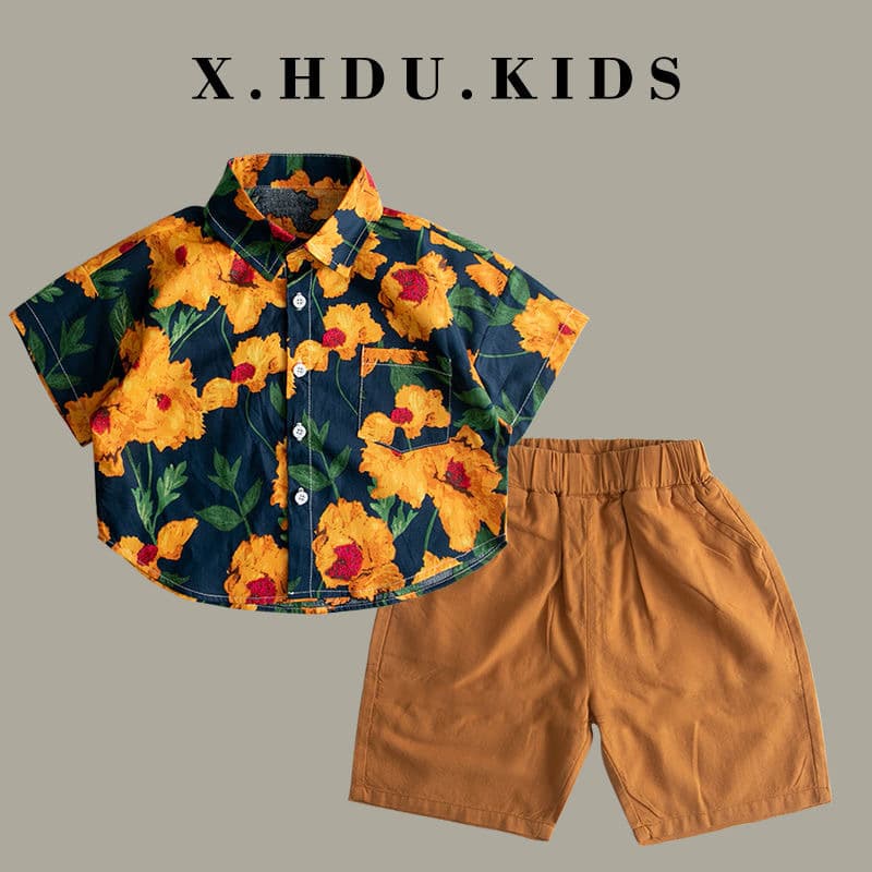 Children's boys' shirts 2025 new short-sleeved Hong Kong style floral shirt set for small and medium-sized children and babies, two-piece summer suit