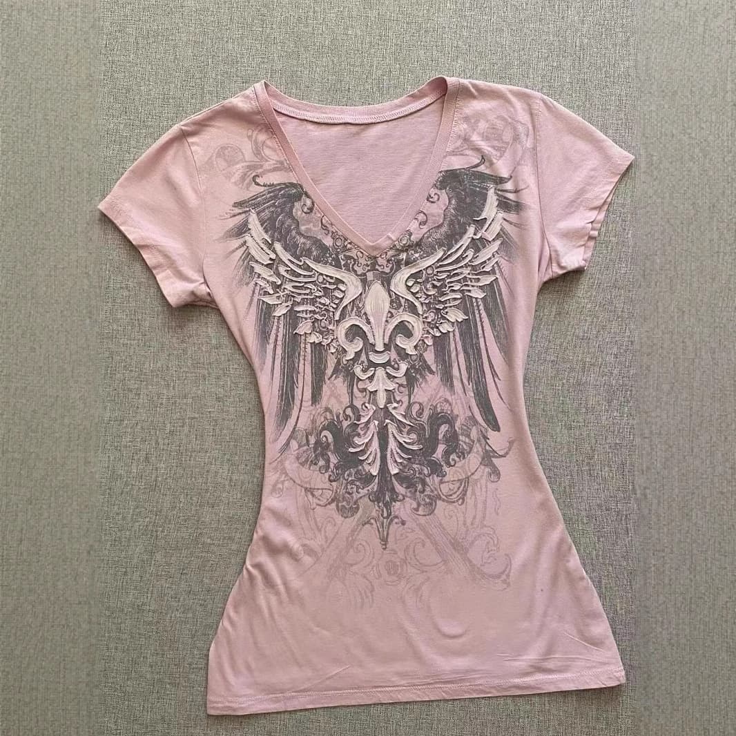 American Vintage Retro Pink V-Neck Short Sleeve T-Shirt for Women 2025 Summer Slim Fit Waist-Cinching Top