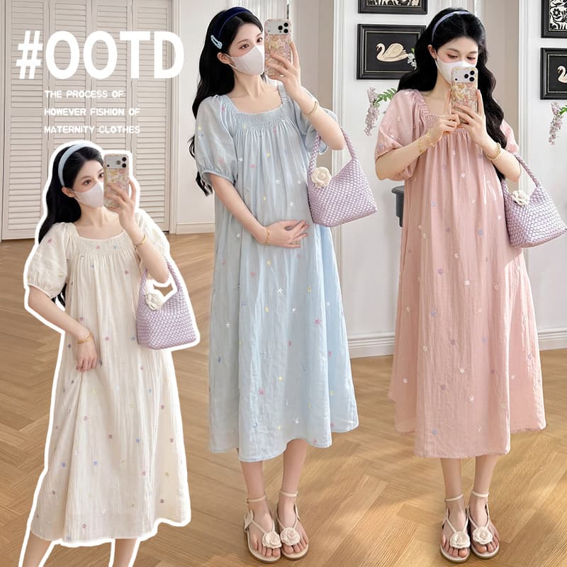 Maternity Dress Summer 2026 New Embroidered Floral Print Midi Dress Square Neck