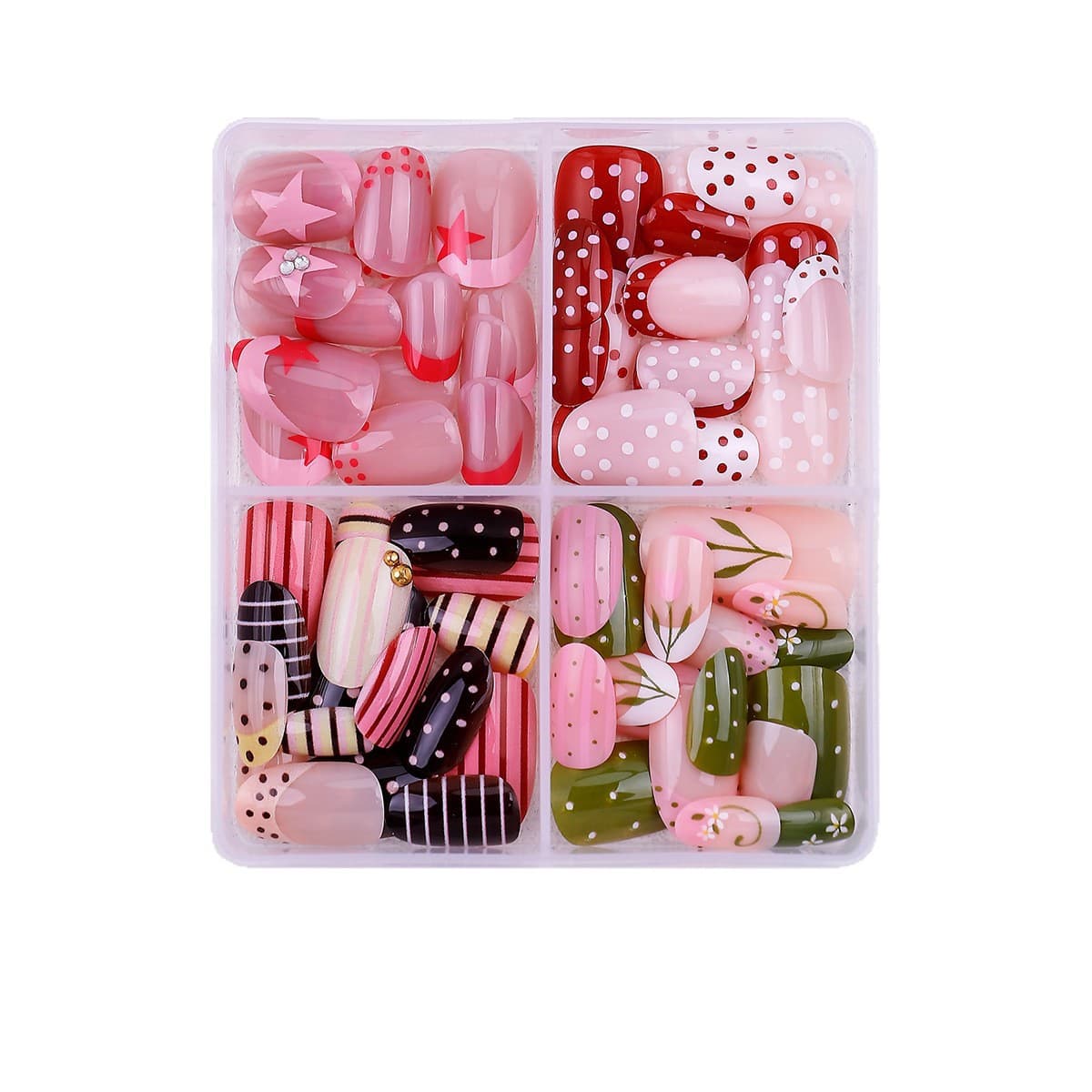 Premium Press-On Nails, European-American Style, 96-Piece Solid Color Polka Dot Stripe French White Edge Polka Dot Fake Nails Wholesale