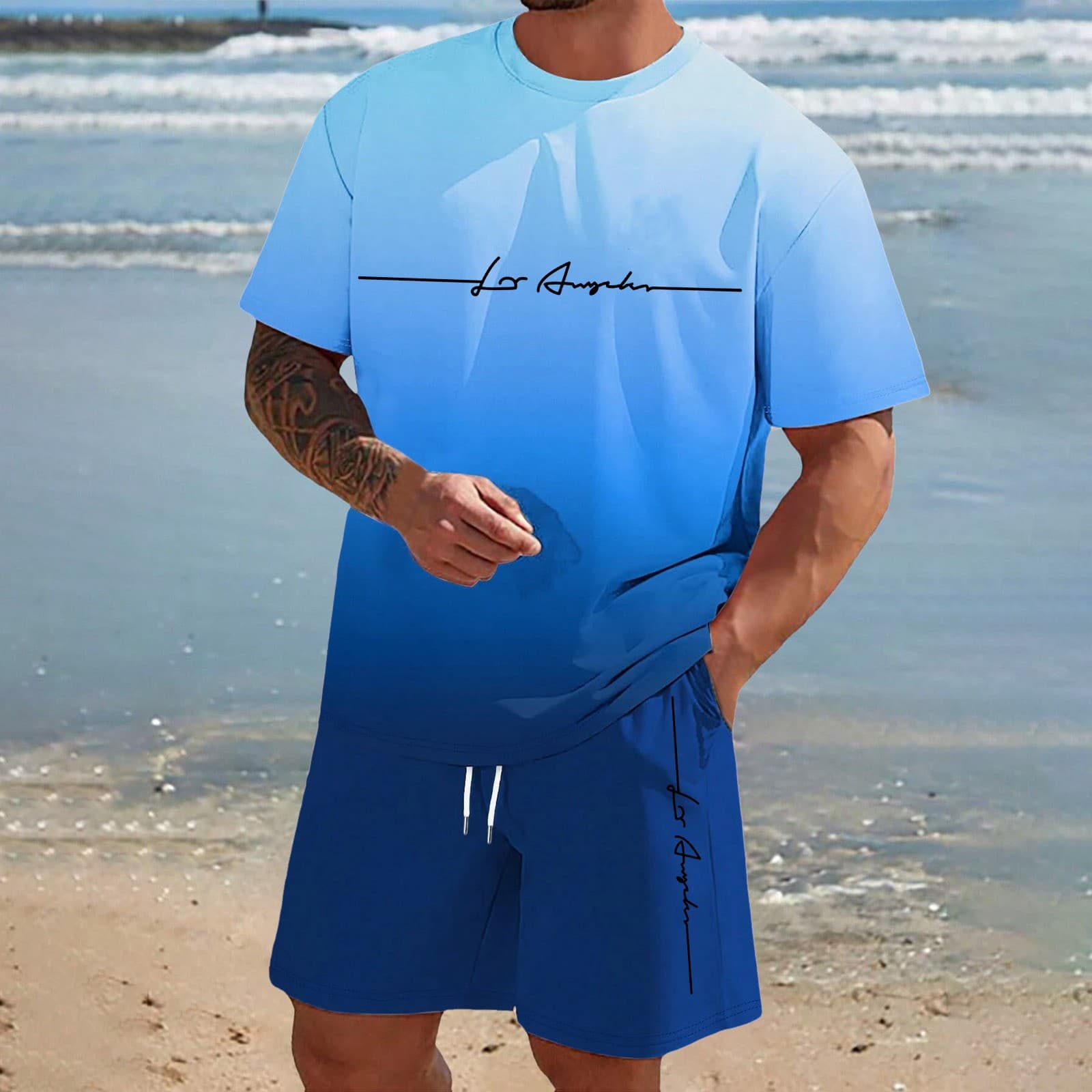 2026 Summer Men's Short Sleeve Shorts Suit Daily Casual Sports Gradient Letters 3D Printing Cross-Border Large Size