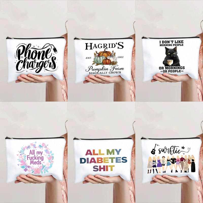 Cross-border Hot Selling Cartoon Letter Print Cosmetic Bag Women's Handheld Zipper Canvas Travel Toiletry Organizer