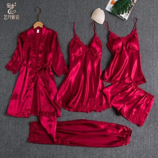 Custom Sexy Sleepwear Women's Summer Ice Silk Camisole Nightgown Hot Loungewear Thin Plus Size 5-Piece Set Cross-Border Export