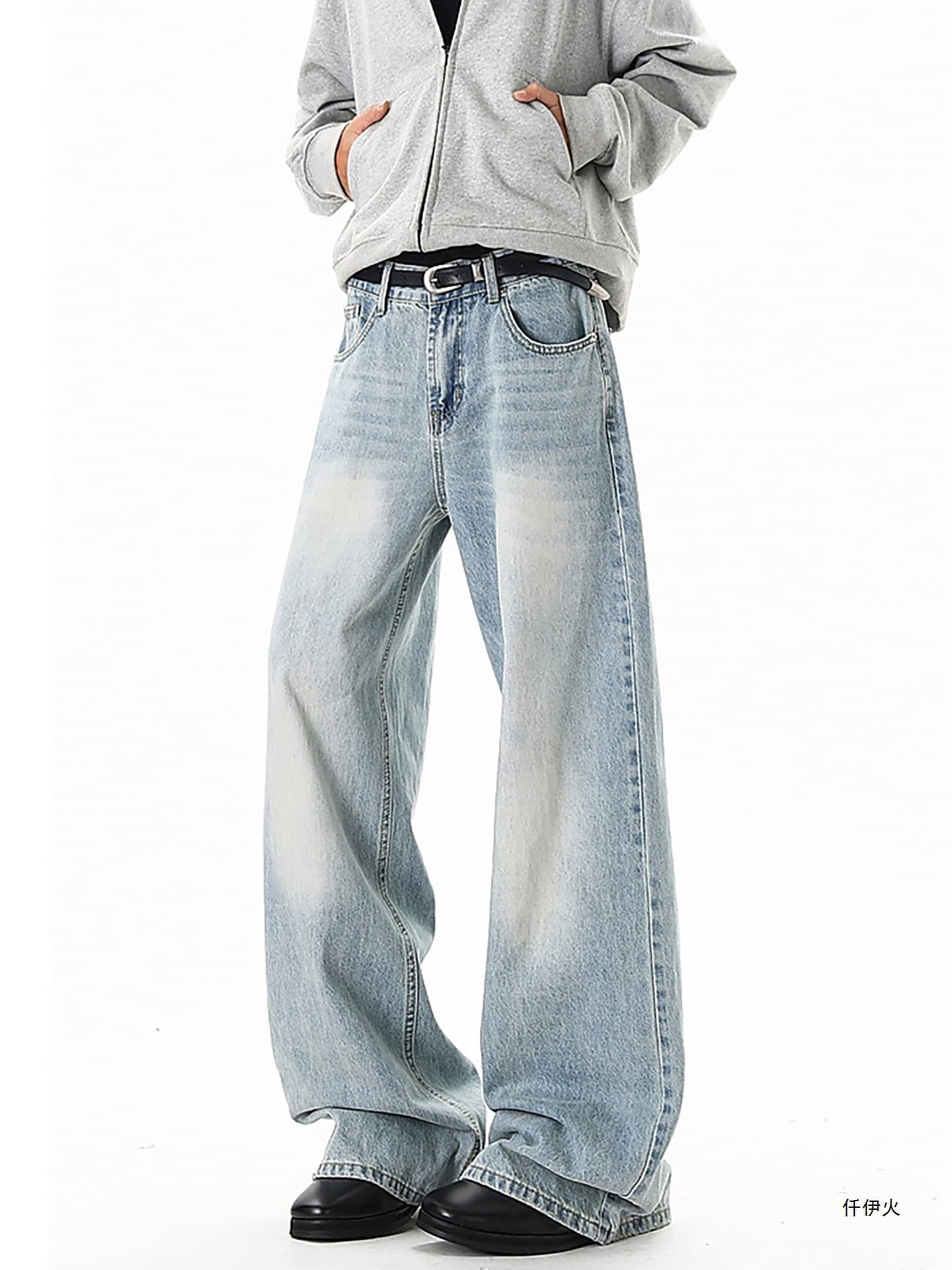 Unisex Couple Fit Spring/Autumn American Washed Straight-Leg Jeans for Men, High-Street Wide-Leg Retro Style