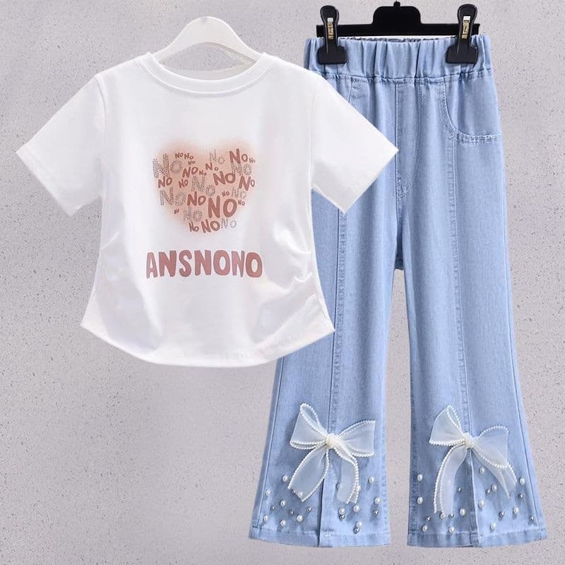 Girls summer short-sleeved suit 2025 new style children, girls and big children Internet celebrity casual Tencel jeans summer clothes