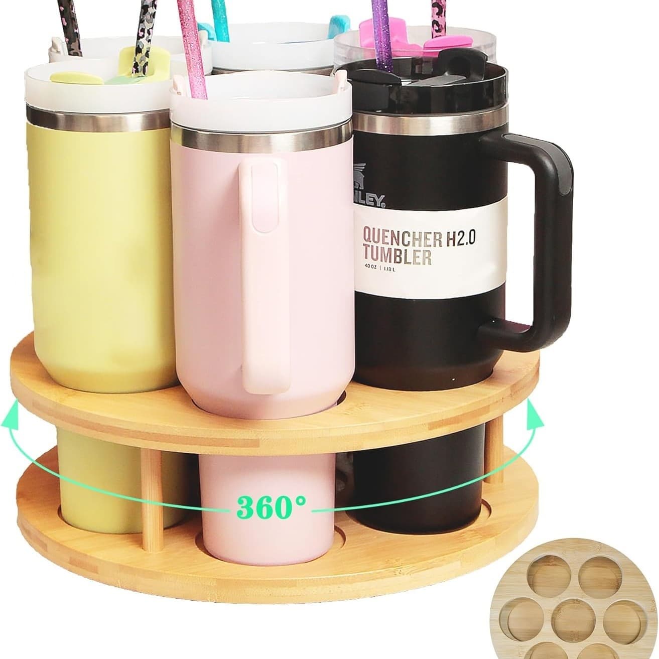 Cross-border Wooden 7-Slot Water Bottle Storage Organizer for Stanley Tumblers, Rotatable Stanley