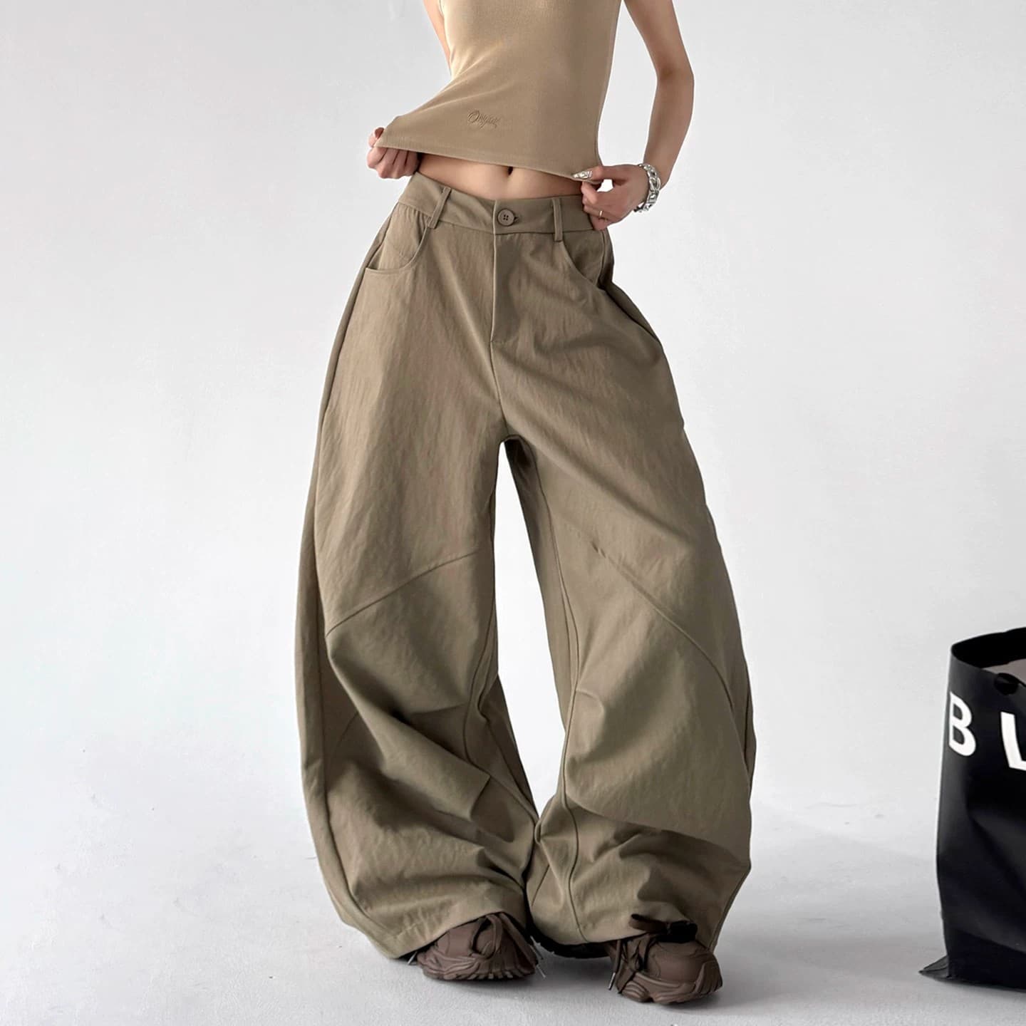 Khaki Cargo Pants for Women 2026 Spring Summer New High Waist Wide Leg Pants Designer Loose Curved Knife Pants Casual Trousers