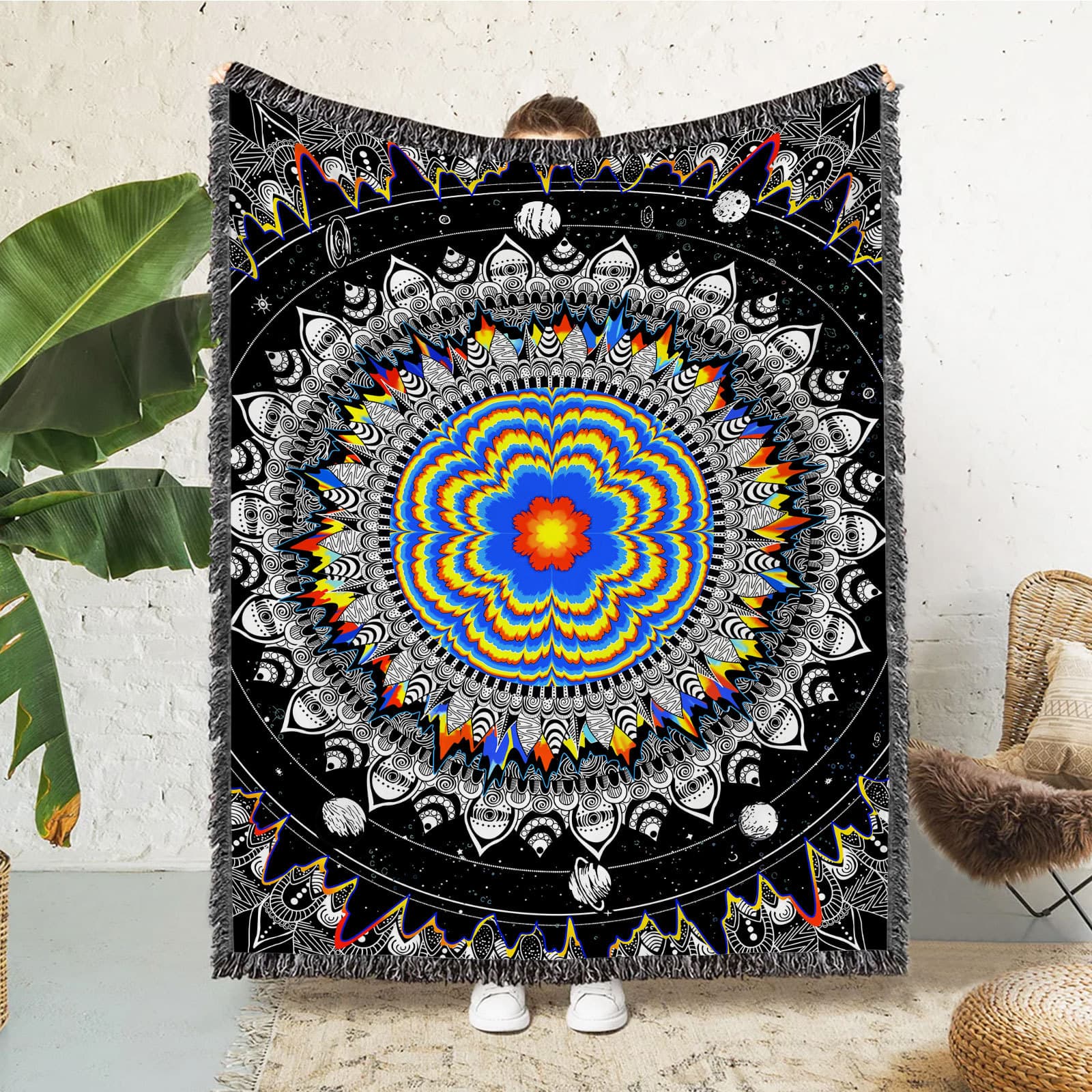 Black and White Floral Print Fleece Blanket 280GSM Religious Sun Design Gift Blanket Custom Print Available