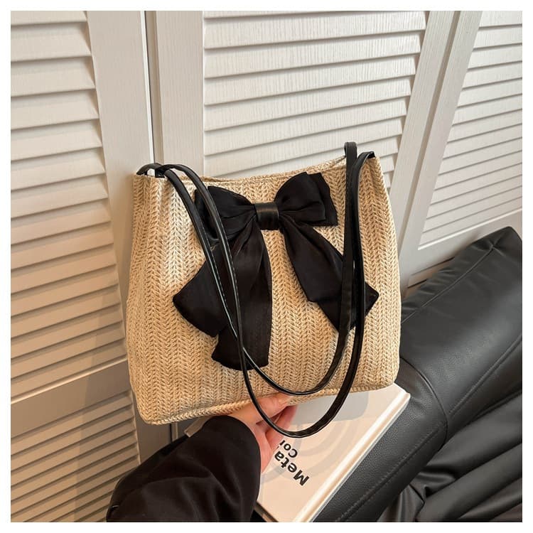 Summer New Bow Straw Woven Shoulder Bag for Women Versatile Casual Vacation Style Handbag Large Capacity Tote Bag