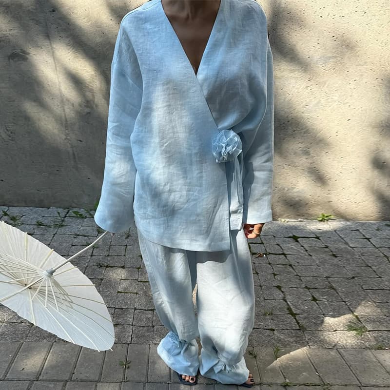 European and American Women's 2025 Fall New Casual V-Neck Long-Sleeve Floral Cardigan Jacket with Wide-Leg Pants Set