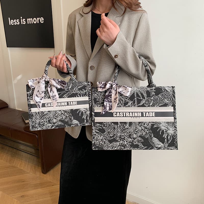 New Cross-Border Women's Handbag with Scarf, Large Capacity Tote Bag, Versatile Fashionable Shoulder Bag with Embroidery