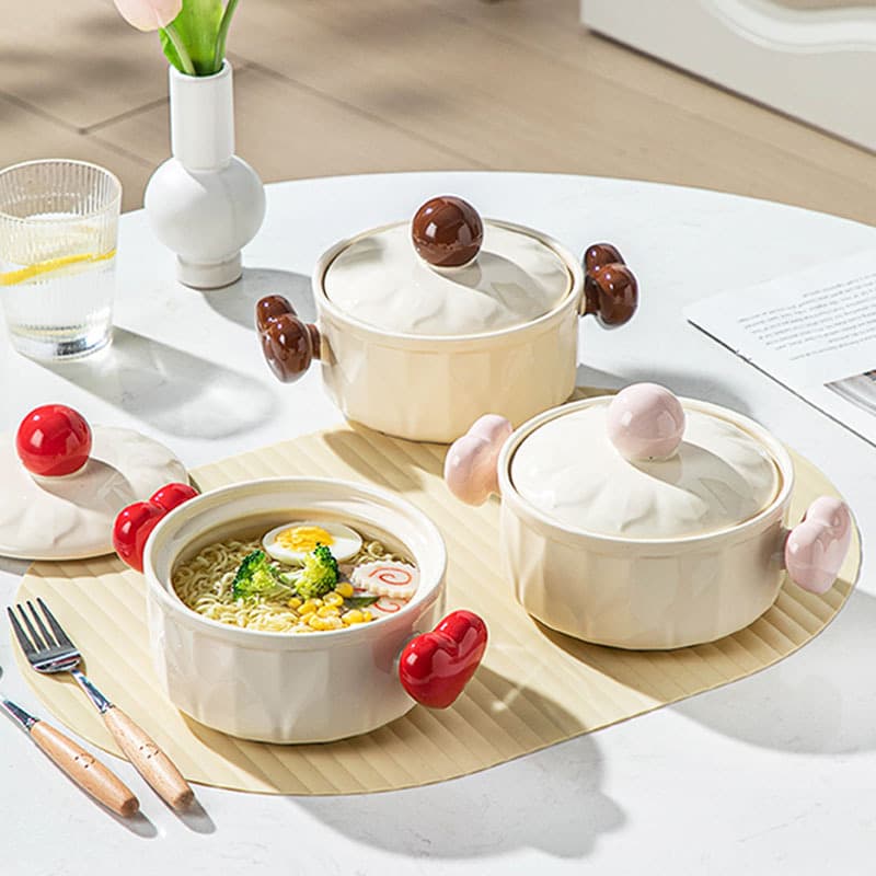 Cute Thickened Ceramic Instant Noodle Bowl Double Handle Soup Bowl with Lid Cute Ramen Bowl High Aesthetic Bowl for Home 2024 New