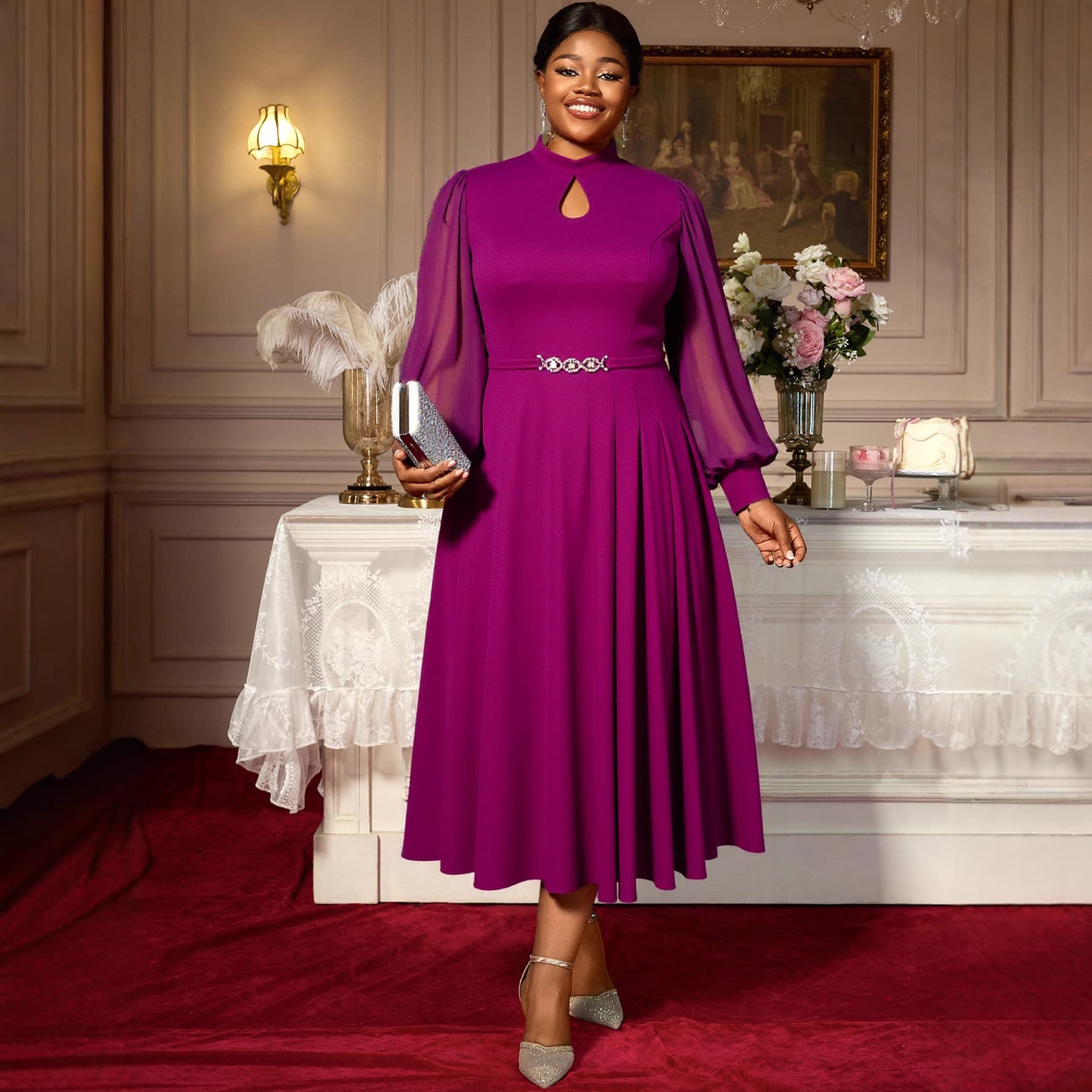 Plus Size Women's Elegant Purple Midi Dress with High Neck Hollow Design, Chiffon Lantern Sleeves, Rhinestone Belt Evening Gown