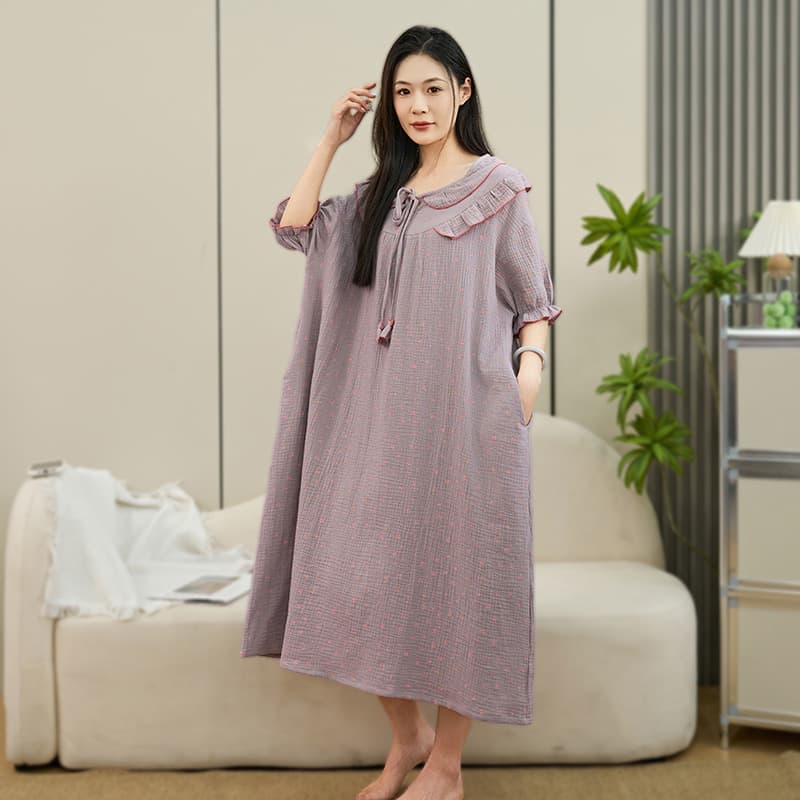 Summer Nightgown Sweet Cotton Plus Size Nightgown New Short Sleeve Robe Wearable Out Double Layer Gauze Sleepwear Women Homewear