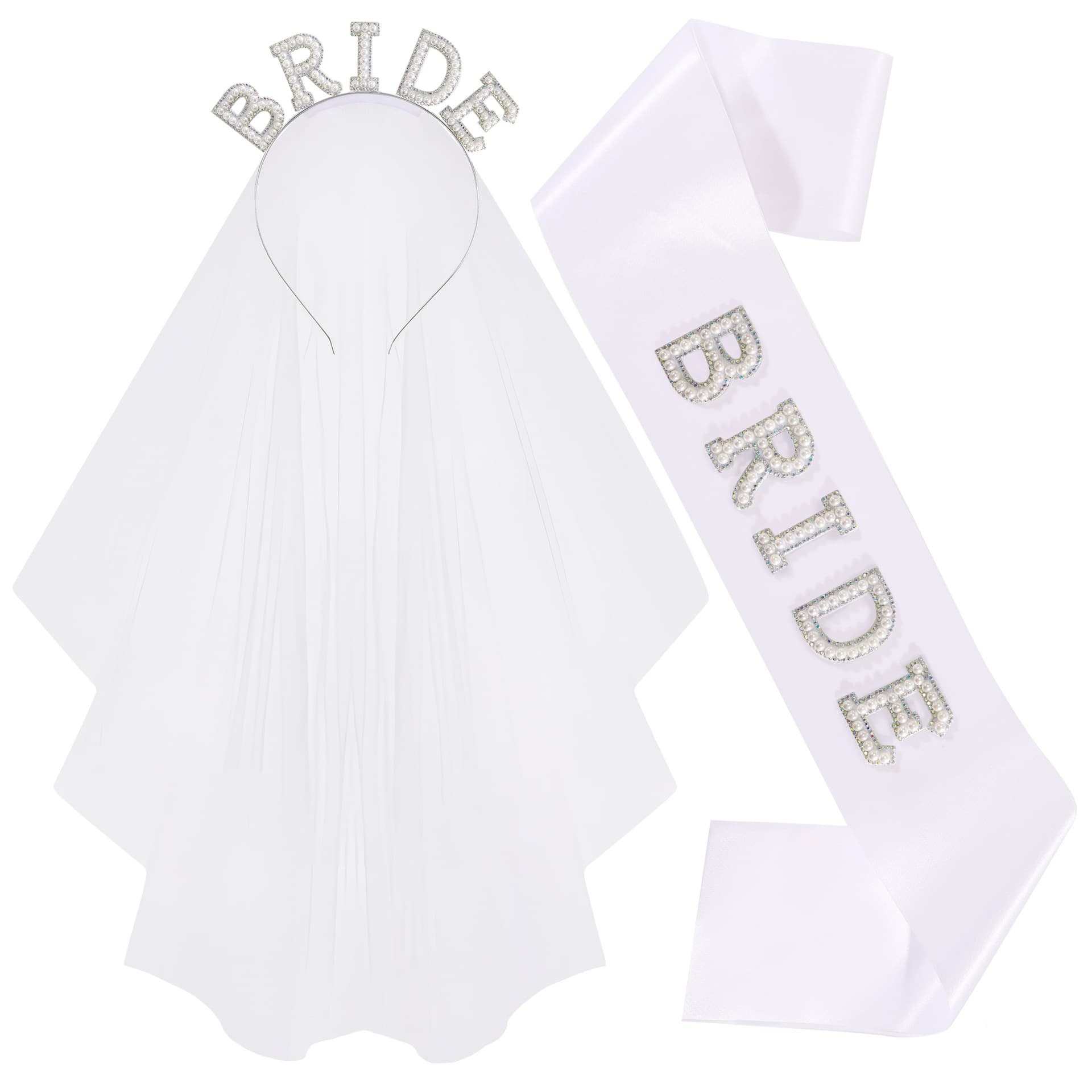 Cross-border bride-to-be pearl headband, veil and shoulder strap 2-piece set BRIDE bachelor party headband accessories wedding essentials
