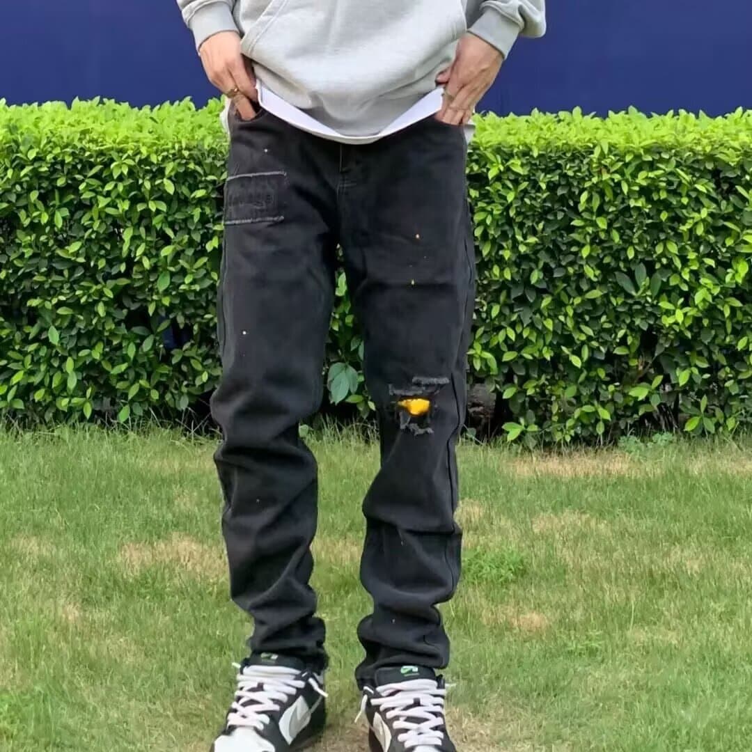 Distressed Denim Jeans Slim Fit Streetwear Black Pants American Vintage Washed High Street Ripped Patchwork
