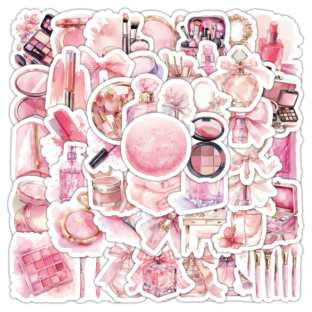 60 Pink Cosmetic Stickers, Cute Girly Style Decorative Graffiti Waterproof Die-Cut Decals for Phone, Skateboard, Cabinet