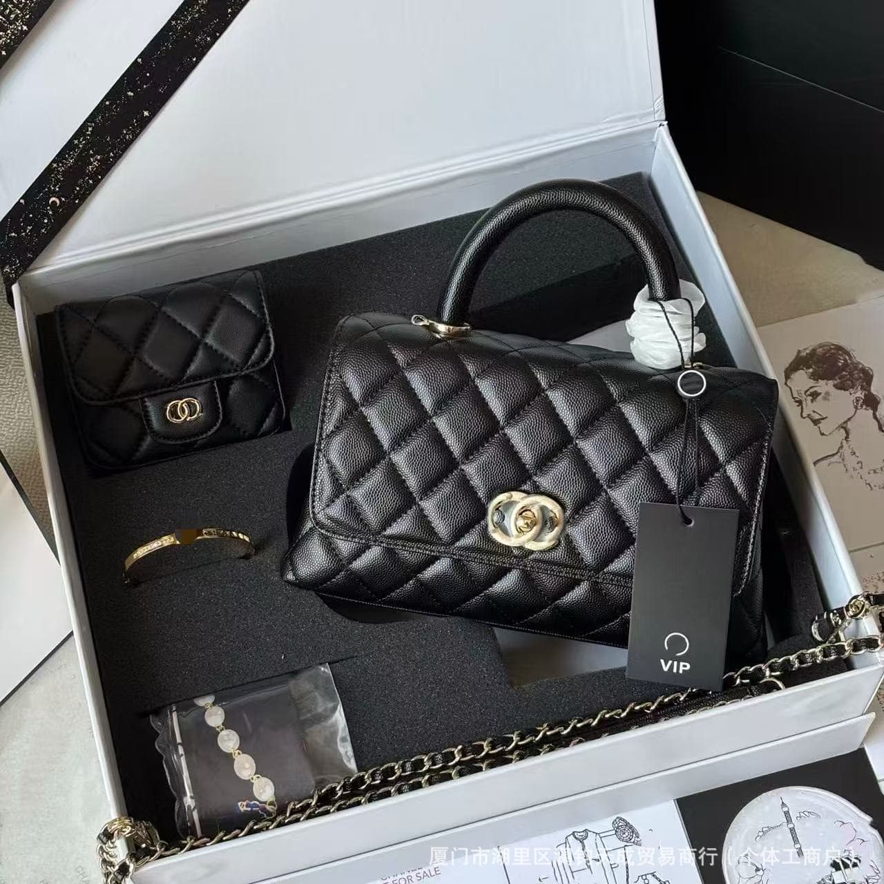 Cross-border VIP Gift VipGift Four-Piece Set Black Silver Chain Lambskin CF Flap Women's Bracelet Silk Scarf Coin Purse