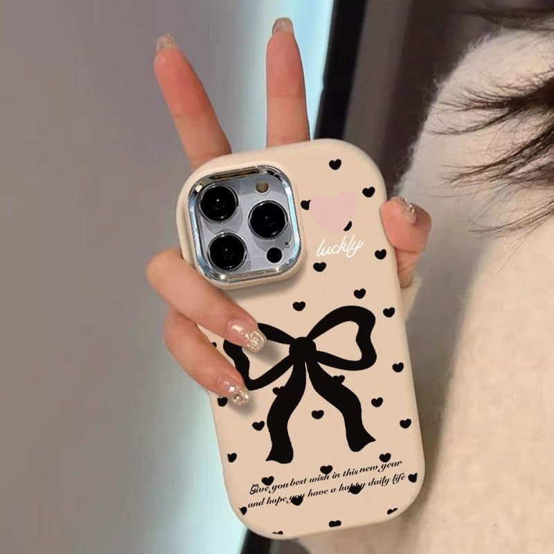 Black Heart Bow Phone Case for iPhone 17, Apple Case 16/15 Pro Max, Cute 14/13 Shockproof