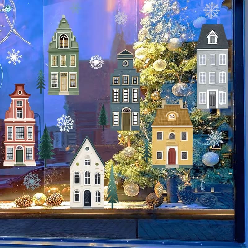 Creative Small House Snowflake Christmas Atmosphere Window Static Cling Decal Sticker for Bedroom Living Room Home Shop Window Decoration Customizable