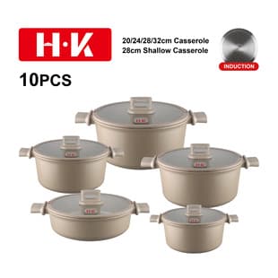 HK New Style Simple 10-Piece Set, Non-Stick Cookware Set with Composite Bottom Silicone Glass Lid, Die-Cast Pot, Stoneware Cookware