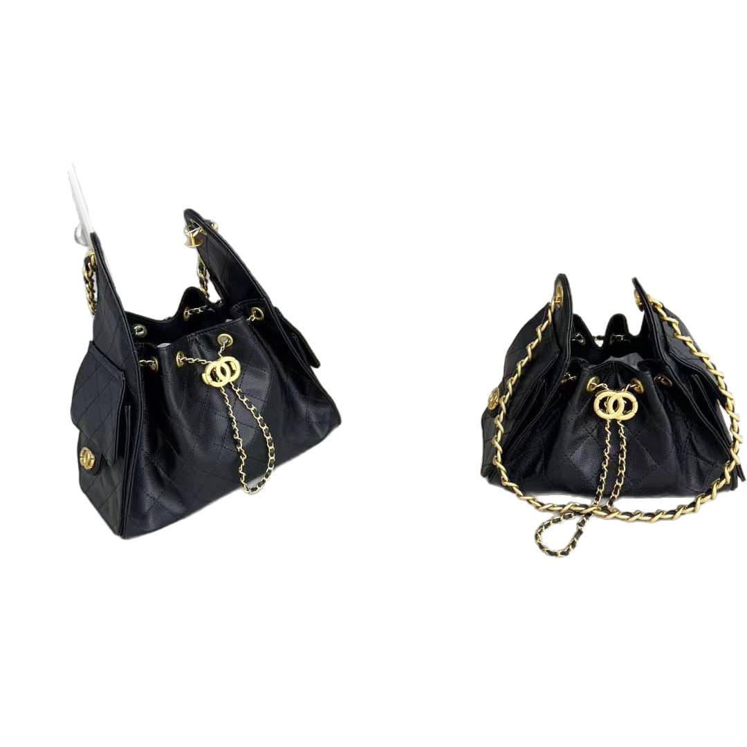 Small Fragrance 25C Drawstring Bucket Bag Caviar Quilted Chain Bag Vintage Tote Bag Large Capacity Shoulder Underarm Bag