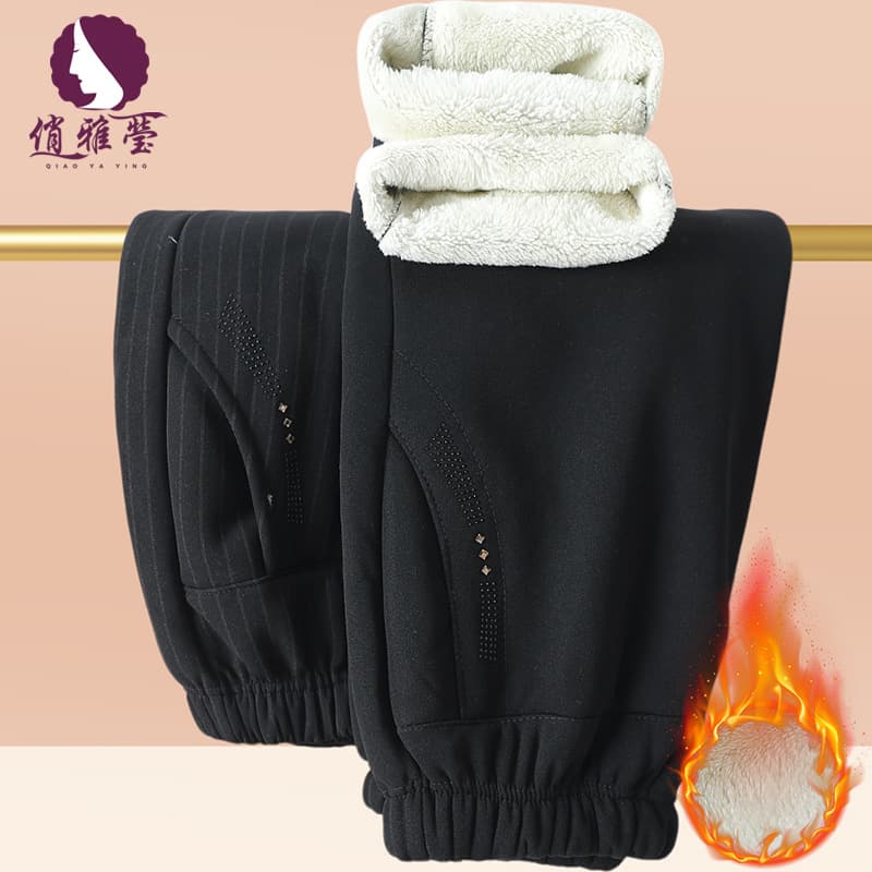 Middle-Aged and Elderly Women's Wear Winter Style Elastic Waist Fleece-Lined Thick Warm Grandma Outfit Base Pants Plus Size Warm Trousers