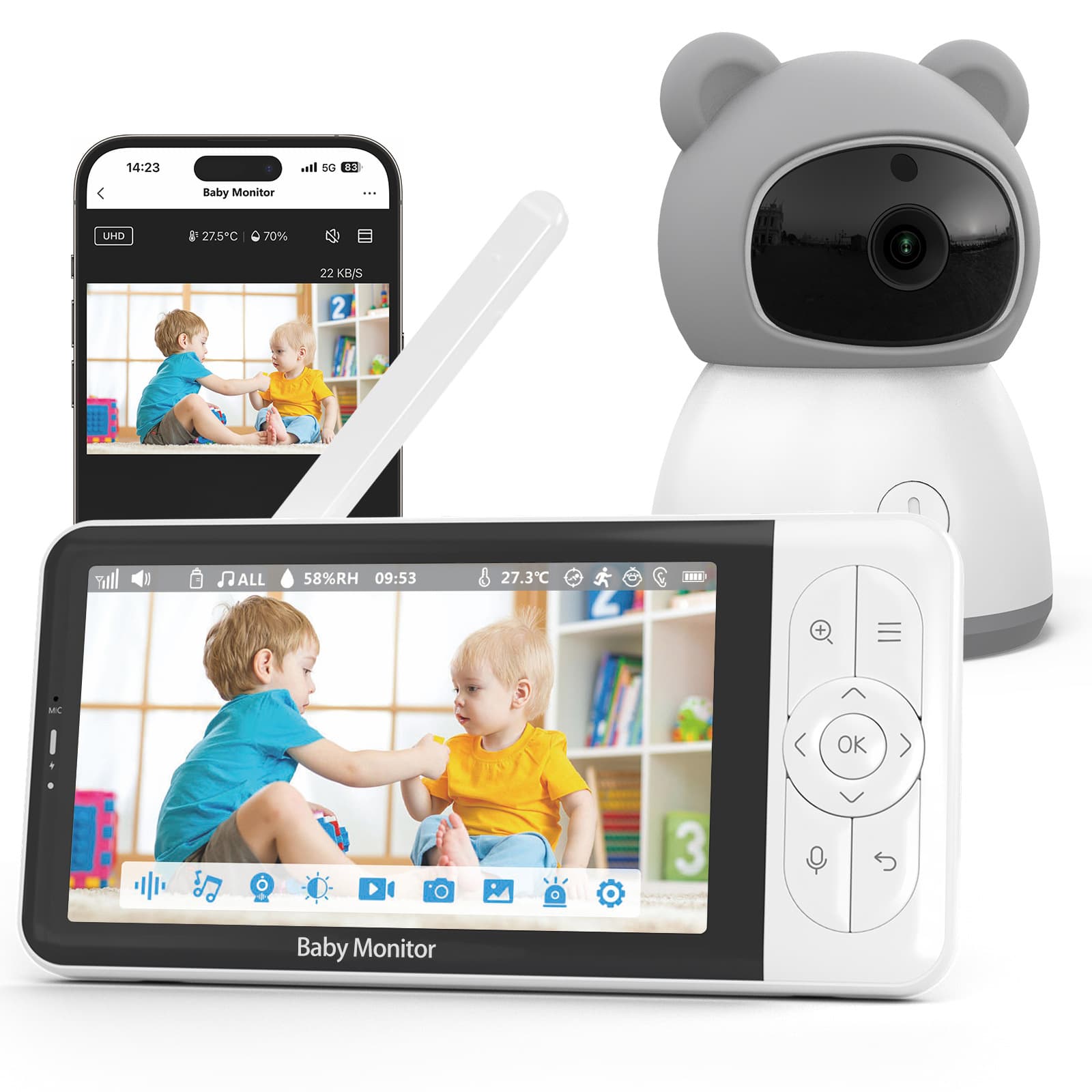 Tuya's new 5-inch baby monitor with 5-inch screen, Wi-Fi, intercom, and night vision.