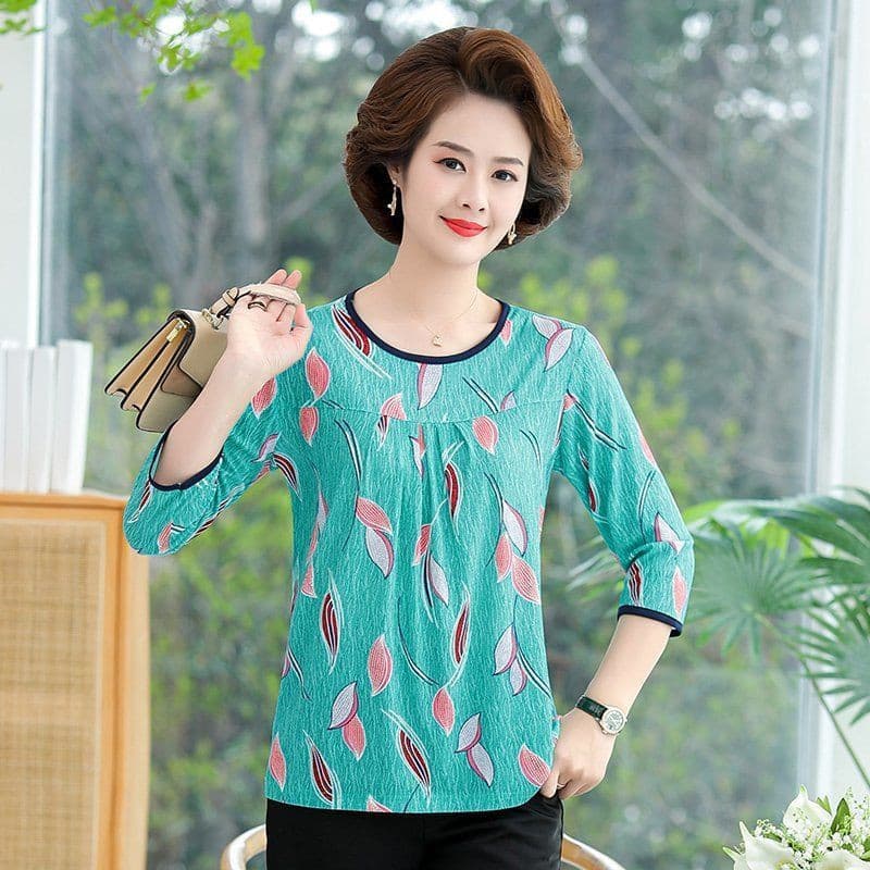 Summer Mother's Blouse, Three-Quarter Sleeve, Round Neck, Loose Fit, T-Shirt for Middle-Aged and Elderly Women, Short Sleeve