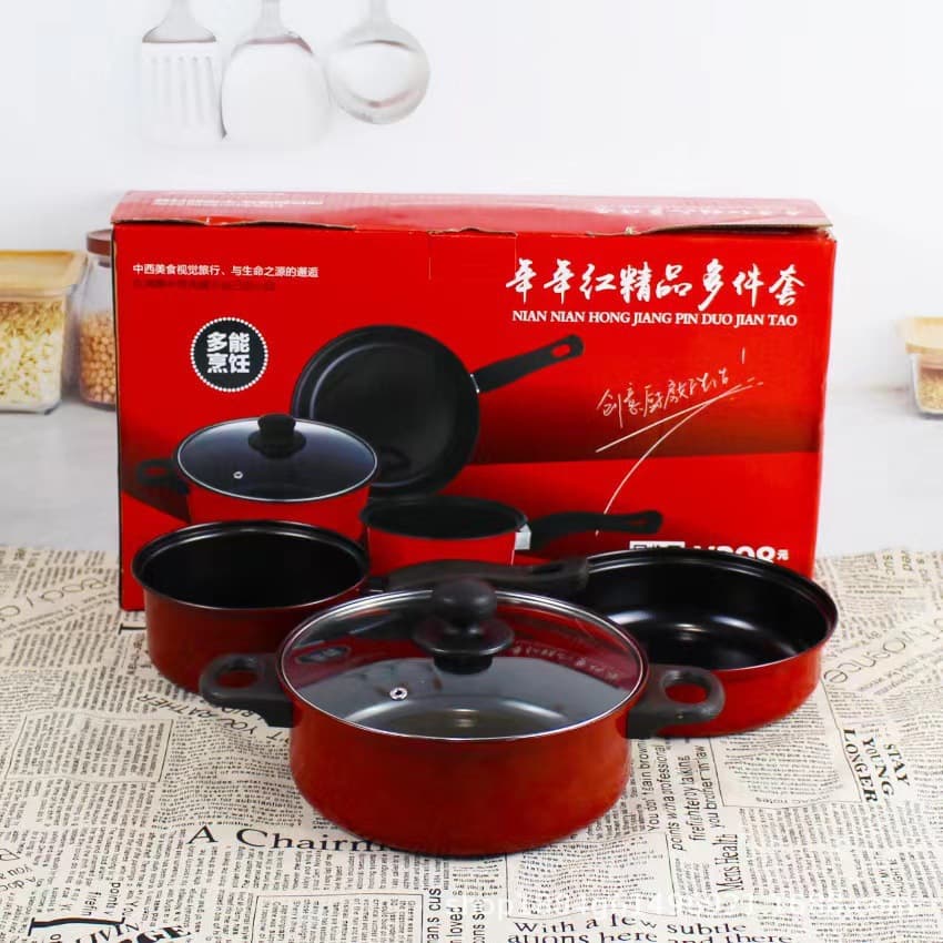 Nian Nian Hong 3-Piece Non-Stick Cookware Set, Colorful Gift Cookware Set, Soup Pot, Frying Pan, Milk Pot, Gift Wholesale