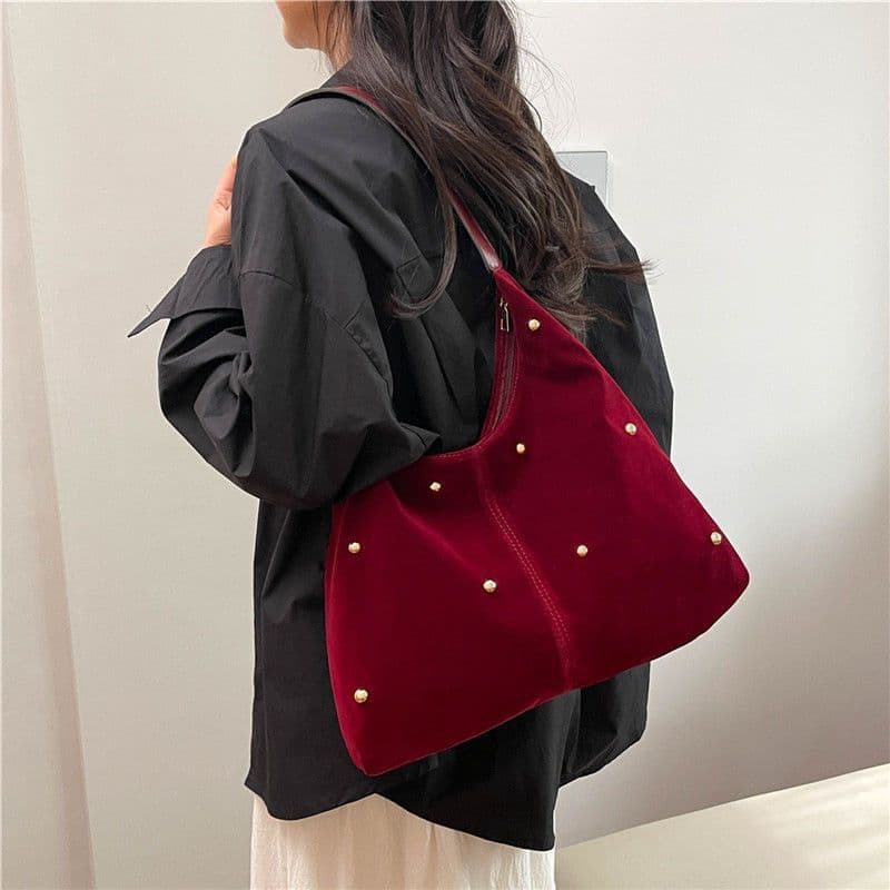 2025 New Niche Design Velvet Pearl Bucket Bag Fringe Shoulder Bag Women's Bag Retro Large Capacity Tote Bag