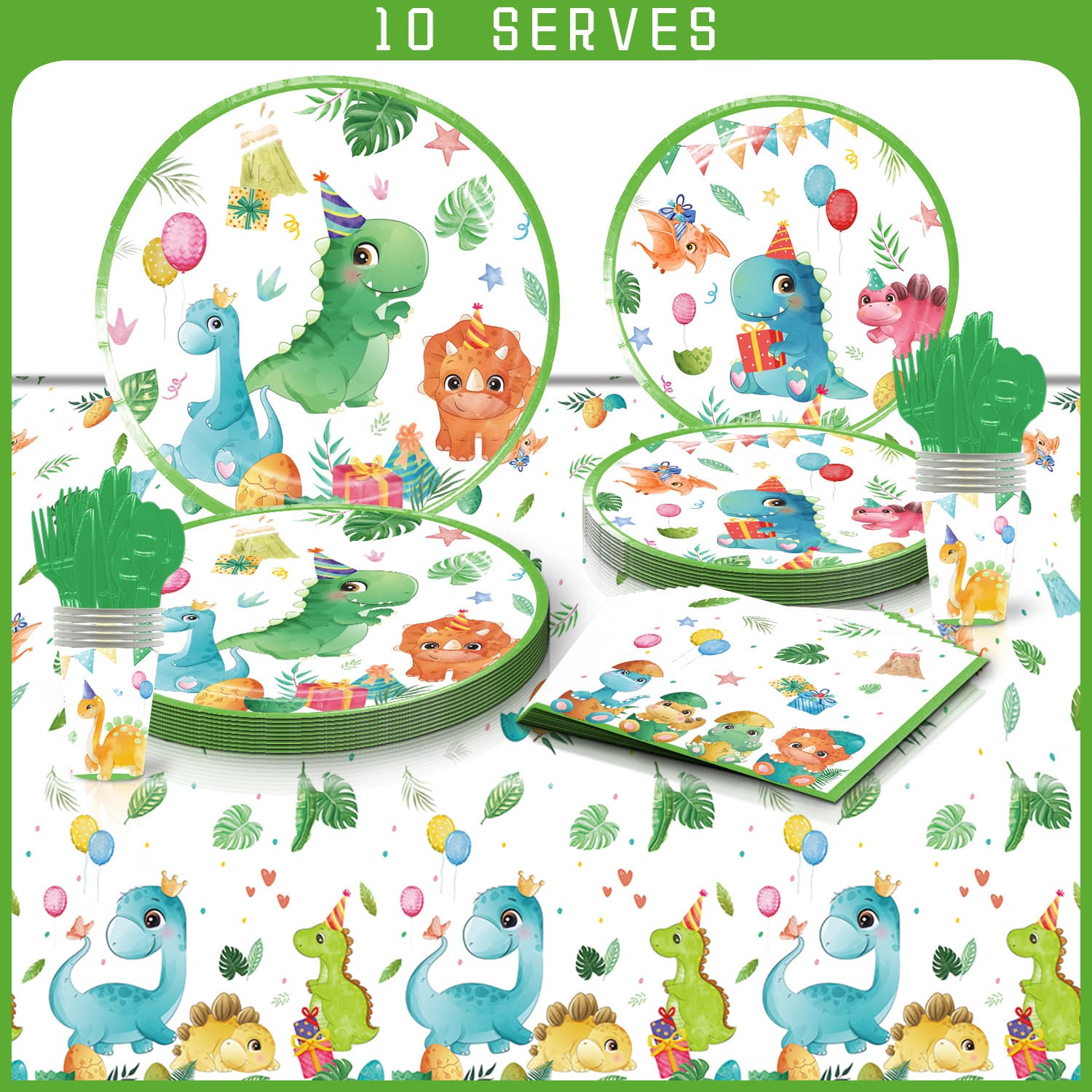 Cute Dinosaur Theme Cartoon Children's Holiday Party Decoration Paper Tray, Paper Cup, Paper Towel, Tablecloth Disposable Tableware