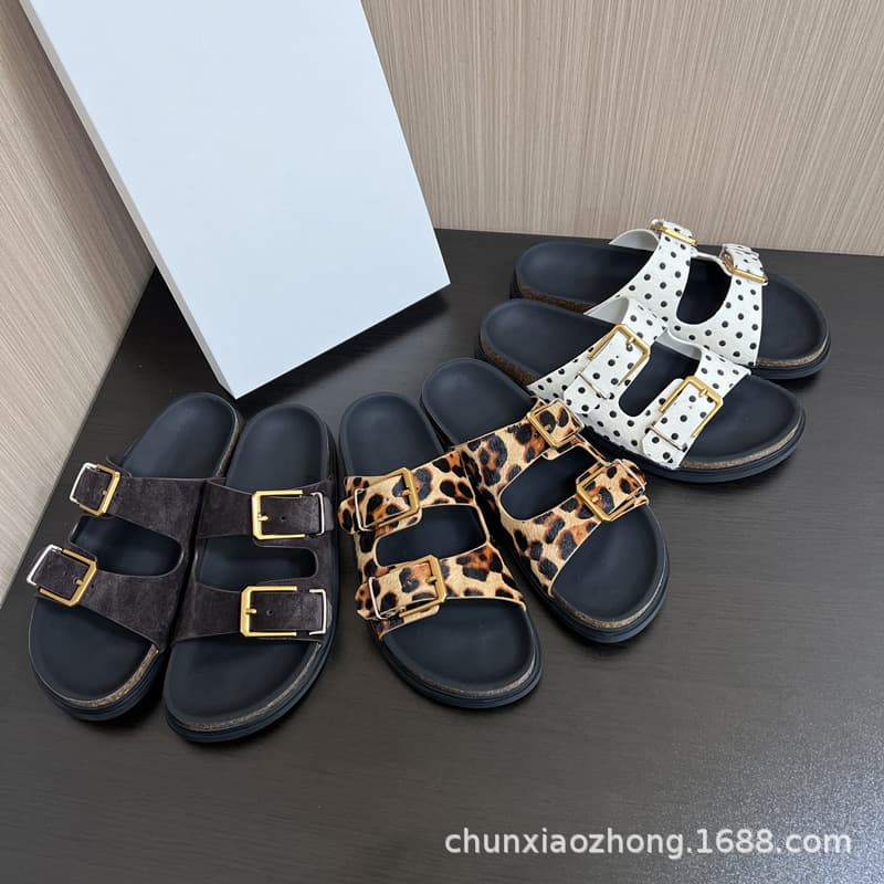 Chunyuan Niche Spring/Summer New TR Thick Sole Buckle Birkenstock Slide Outdoor Suede Leopard Print Beach Flat Sandals