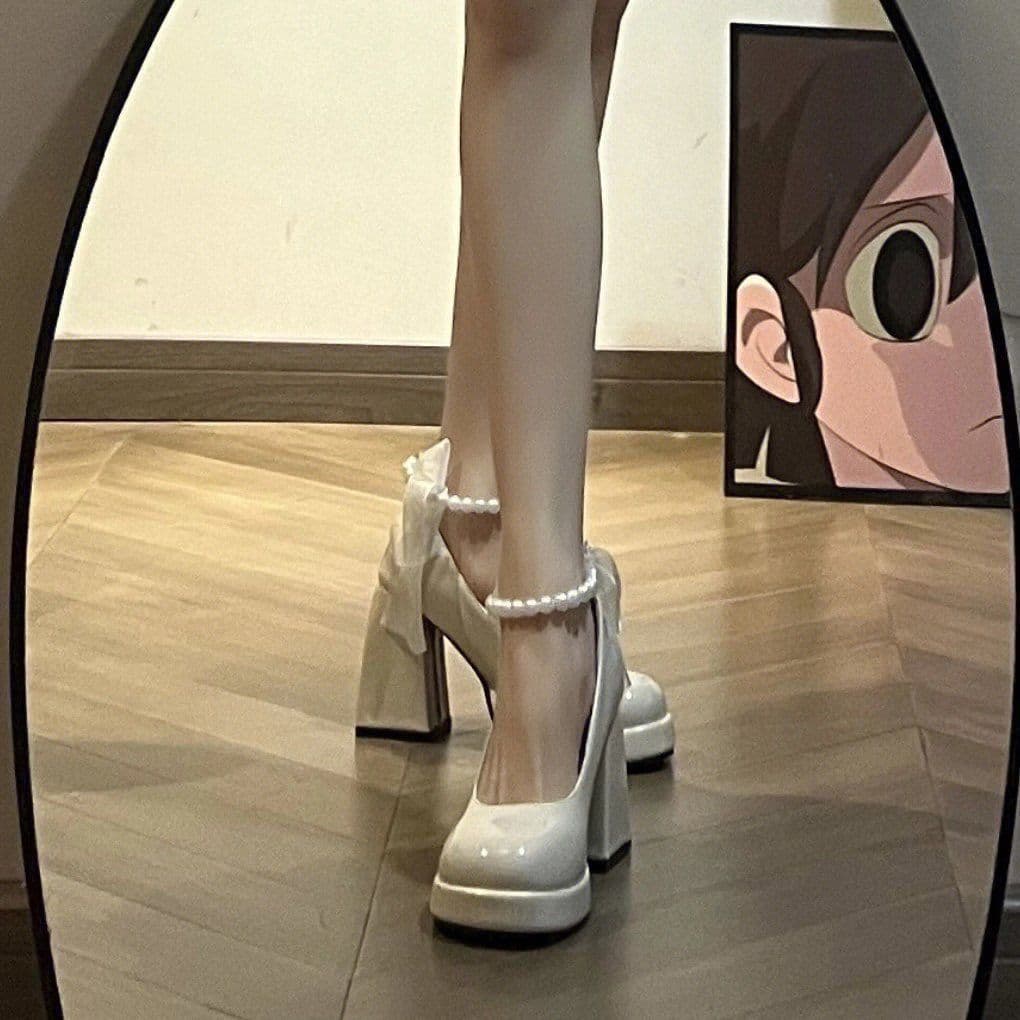 High Heel Leather Shoes for Women Spring Autumn 2024 New White French Wedding Shoes Retro Chunky Heel Thick Sole Elevator Mary Jane Shoes