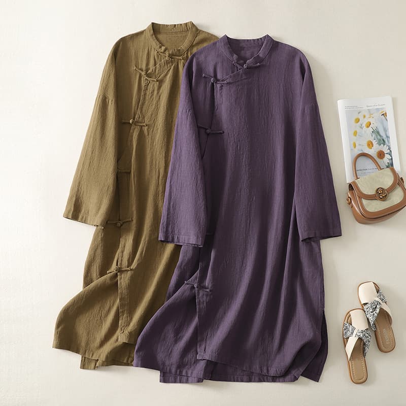 Early Autumn New Chinese-style Dress for Women, New Zen Practitioner Attire, Cotton-Linen Retro Zen-inspired Side-button Robe.